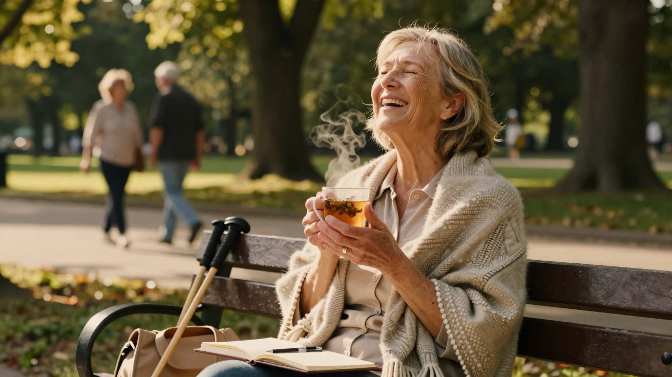 Mulher idosa sorridente sentada num banco de parque a beber chá quente numa tarde ensolarada.
