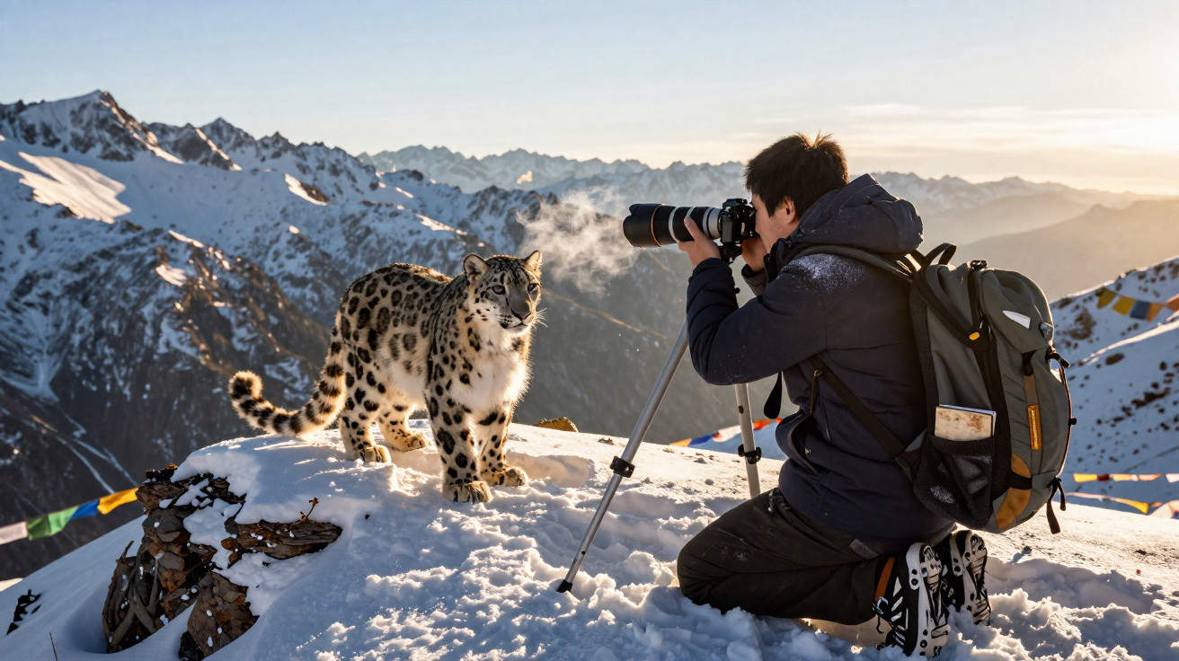 Fotógrafo em montanha nevada a fotografar uma pantera-da-neve perto ao nascer do sol.