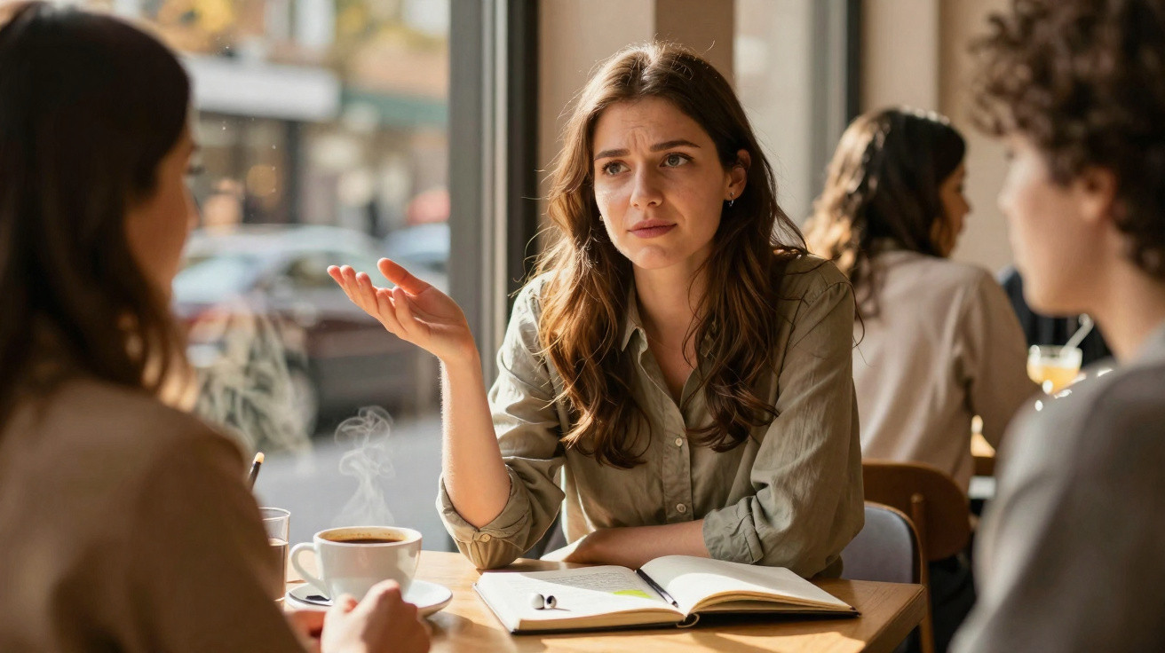 Mulher com expressão preocupada conversa com duas pessoas num café, com chá e livro aberto à sua frente.