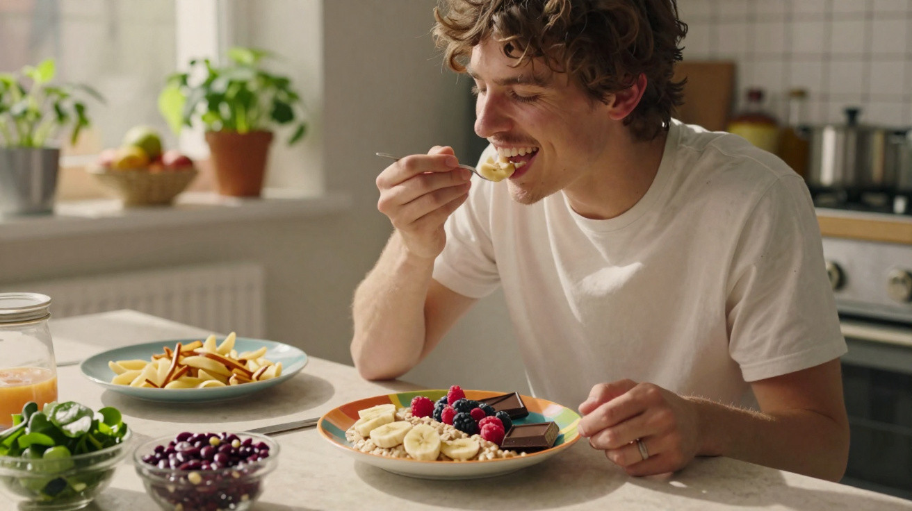 Homem a comer pequeno-almoço com frutas, cereais e chocolate numa cozinha luminosa.