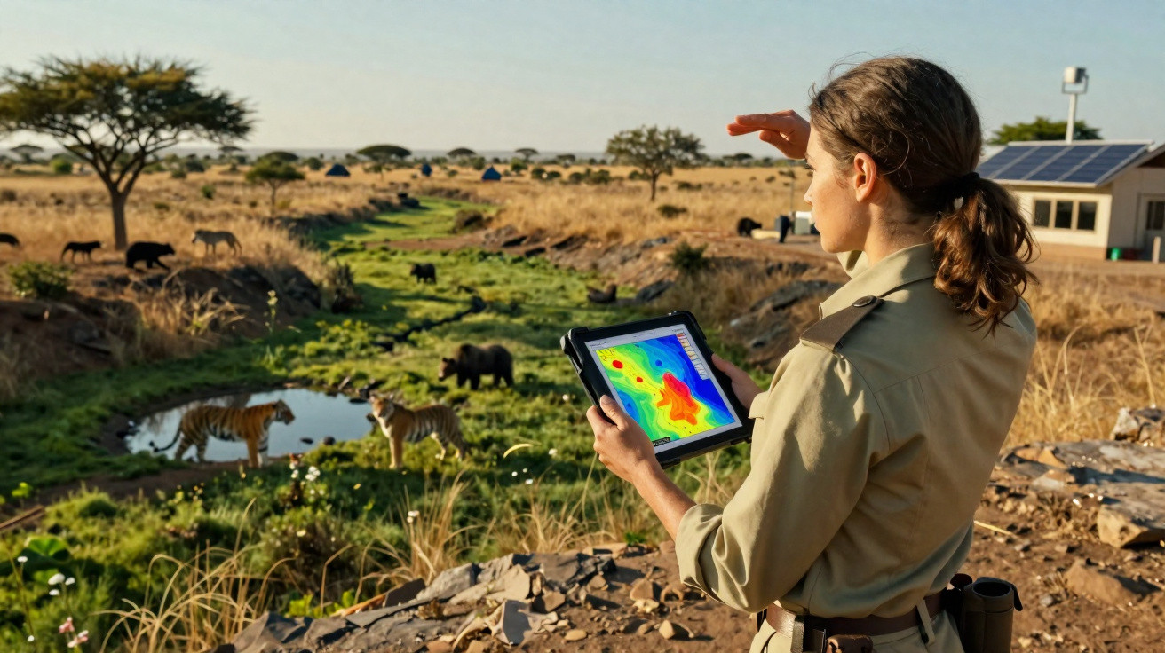 Pessoa observa tablet com mapa térmico num ambiente de savana com tigres e outros animais ao longe.