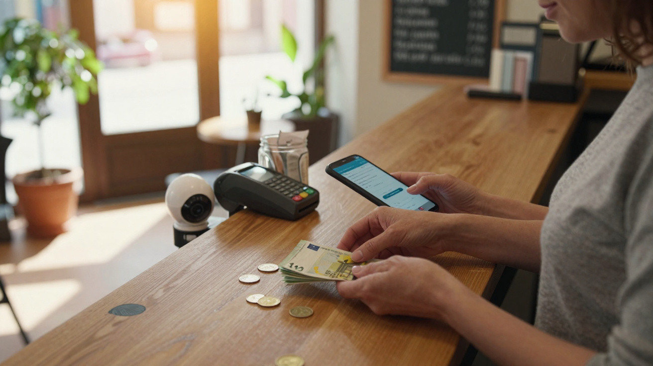 Pessoa a contar notas e moedas em balcão de madeira com smartphone e máquina de cartão ao lado.