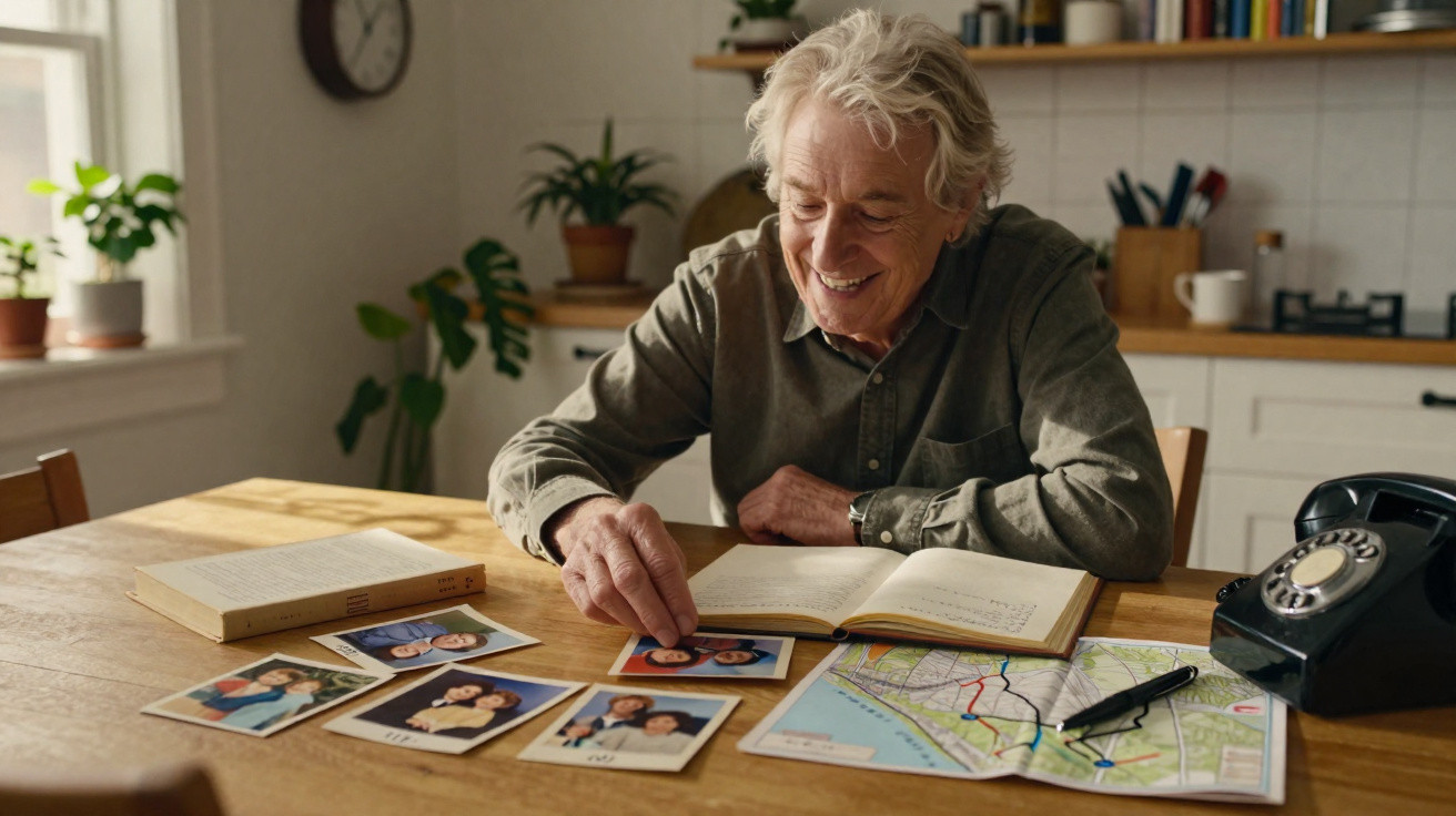 Homem idoso sorridente sentado à mesa a olhar fotos antigas e mapas numa sala iluminada.