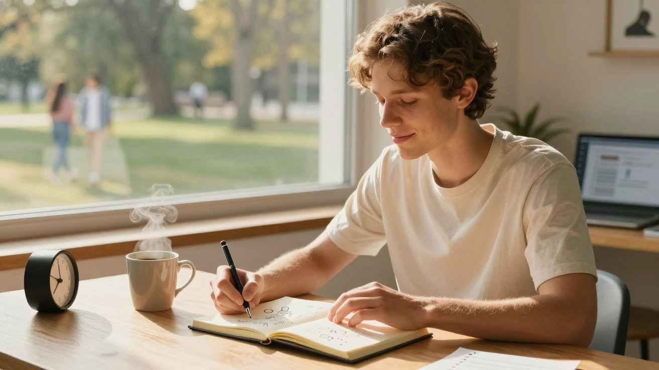 Jovem sentado a desenhar num caderno com caneca de chá fumegante e relógio na mesa junto a janela.