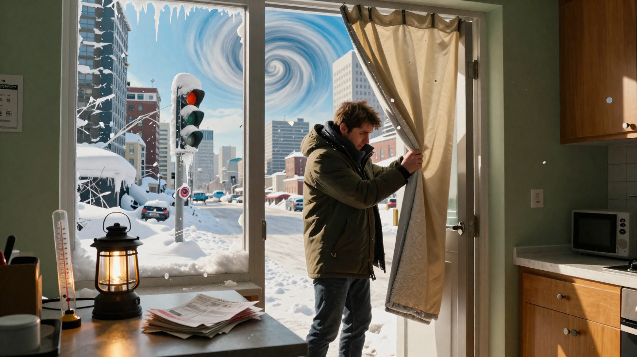 Homem de casaco abre cortina de porta numa cozinha com neve e céu turbulento visível pela janela.