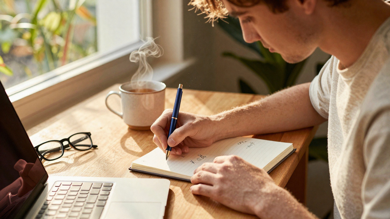 Jovem sentado a trabalhar num caderno com caneta, computador portátil, óculos e chá fumegante numa mesa de madeira.