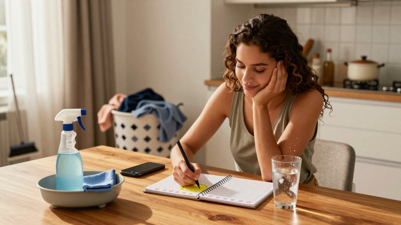 Mulher sentada à mesa a fazer anotações num caderno, com copo de água, telefone e produtos de limpeza à frente.