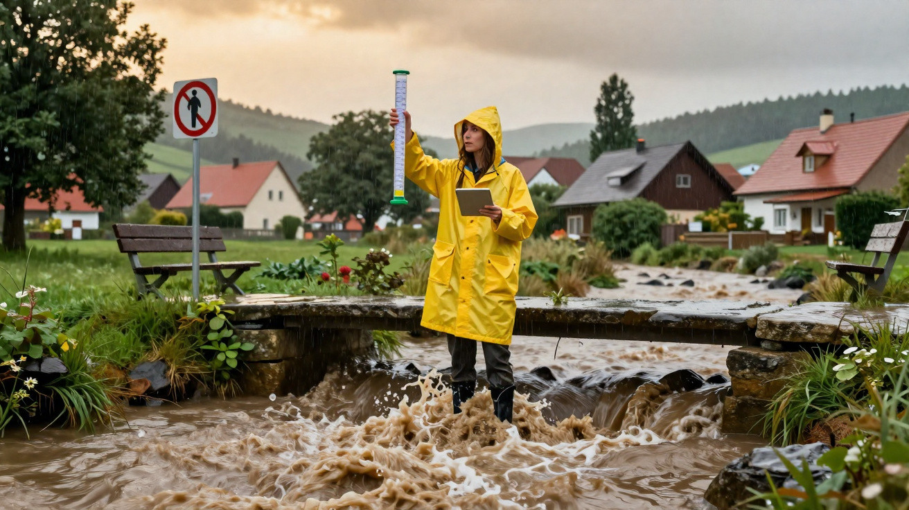 Pessoa em impermeável amarelo mede nível de água em enxurrada numa área residencial após chuva intensa.