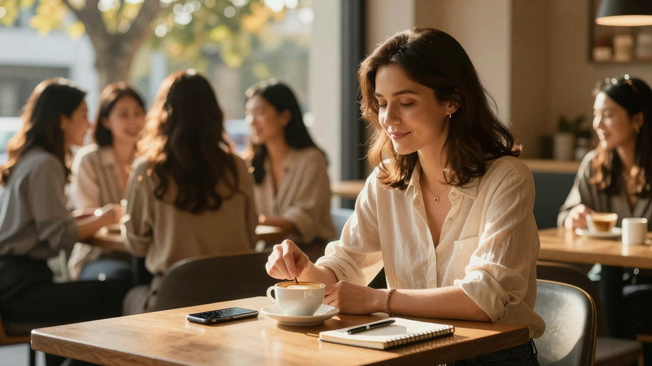 Mulher sentada num café com uma chávena de café, bloco de notas e telemóvel na mesa, sorrindo.