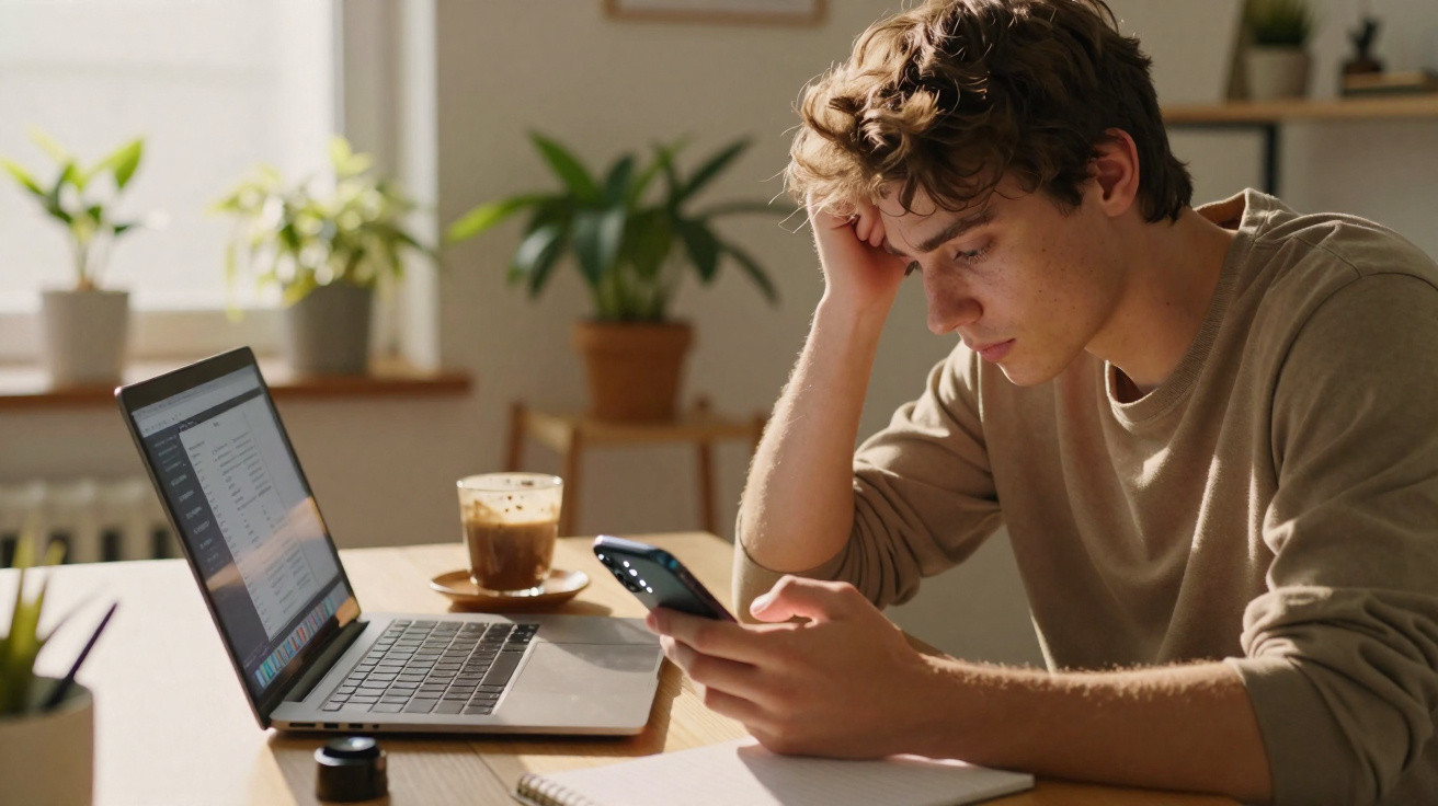Jovem sentado a trabalhar em casa, olhando preocupado para o telemóvel com computador portátil e café à sua frente.