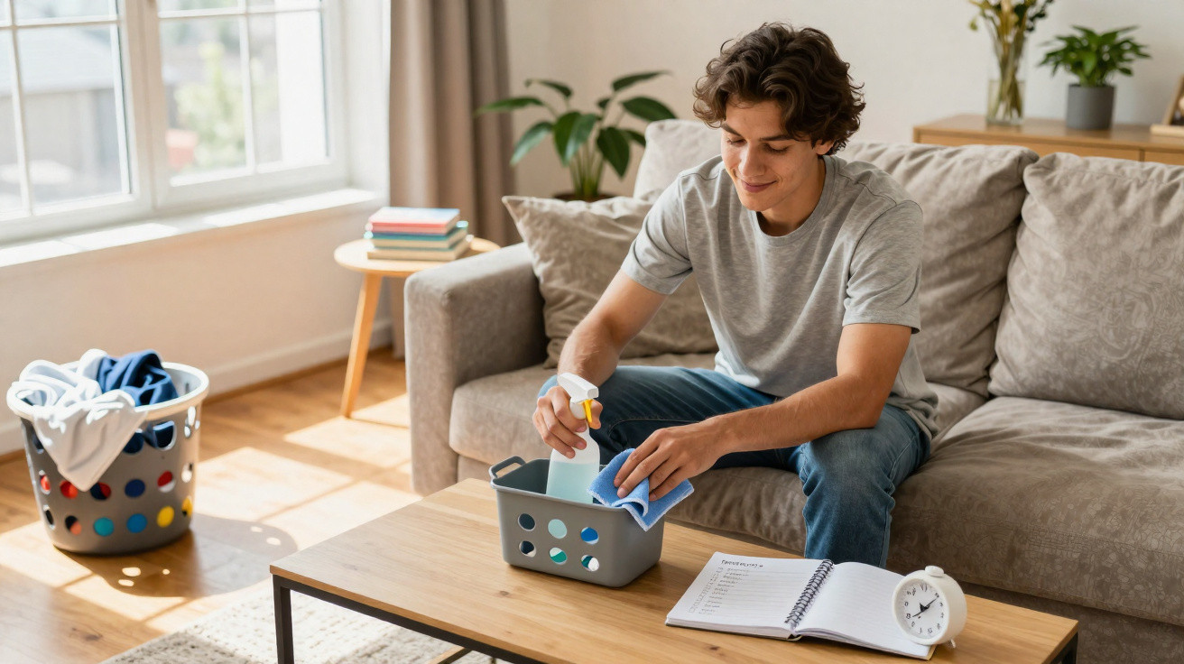 Jovem sentado no sofá limpando a mesa da sala com spray e pano azul num ambiente iluminado.