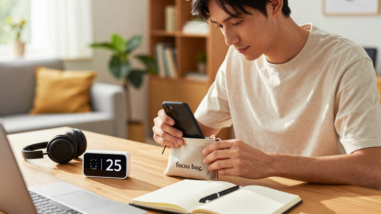Jovem sentado à mesa a guardar o telemóvel numa bolsa, com caderno aberto, relógio digital e auscultadores à sua frente.