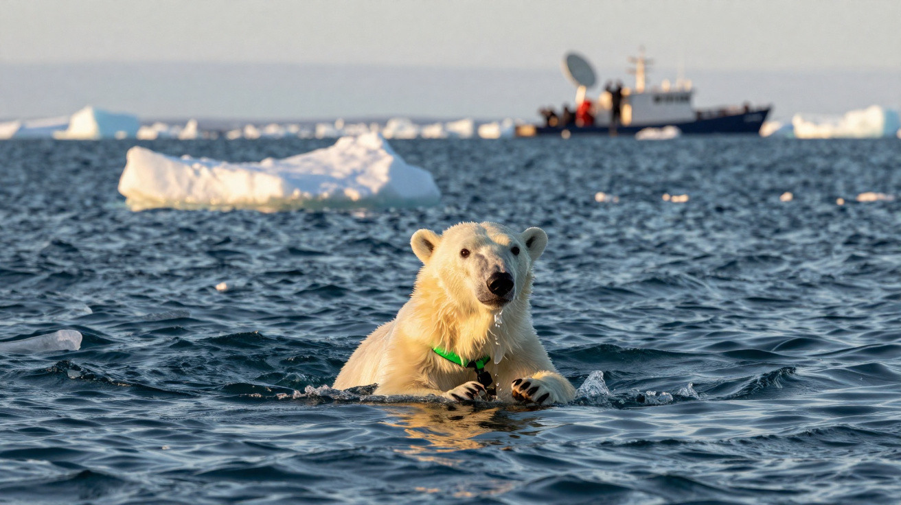 Urso polar a nadar no mar com icebergues e um barco ao fundo.