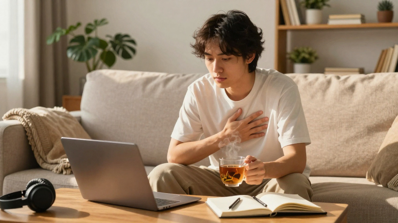Jovem sentado no sofá com chá na mão, olhando atento para o portátil numa sala acolhedora.