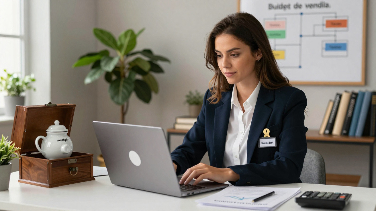 Mulher a trabalhar num computador portátil numa secretária com chávena de chá, documentos e calculadora.