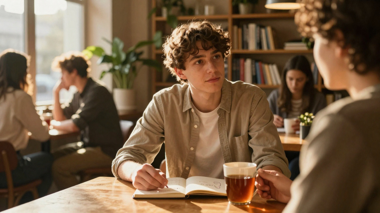 Jovem numa cafetaria a escrever num caderno enquanto conversa com outra pessoa, ambiente acolhedor com luz natural.