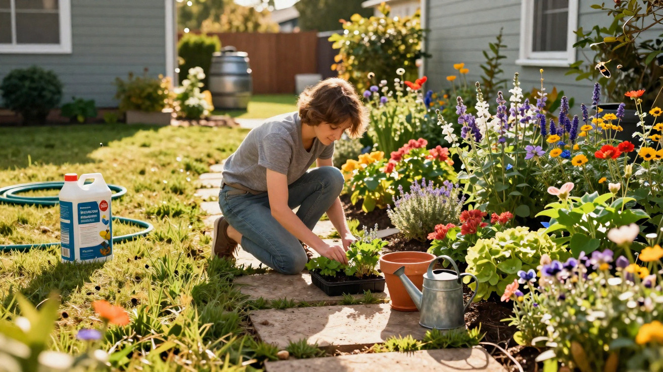 Menino debruçado a plantar flores num jardim cheio de plantas coloridas, com regador e fertilizante ao lado.