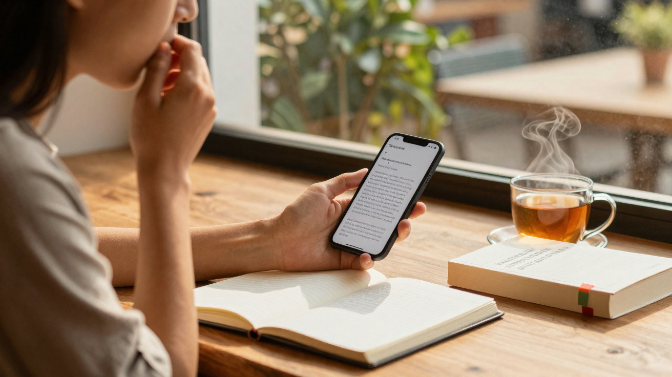 Pessoa a ler no telemóvel junto a caderno aberto e chá quente numa mesa de madeira junto à janela.