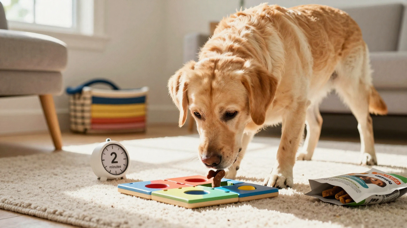 Cão a resolver puzzle interativo para cães num tapete, com cronómetro e saco de snacks ao lado.
