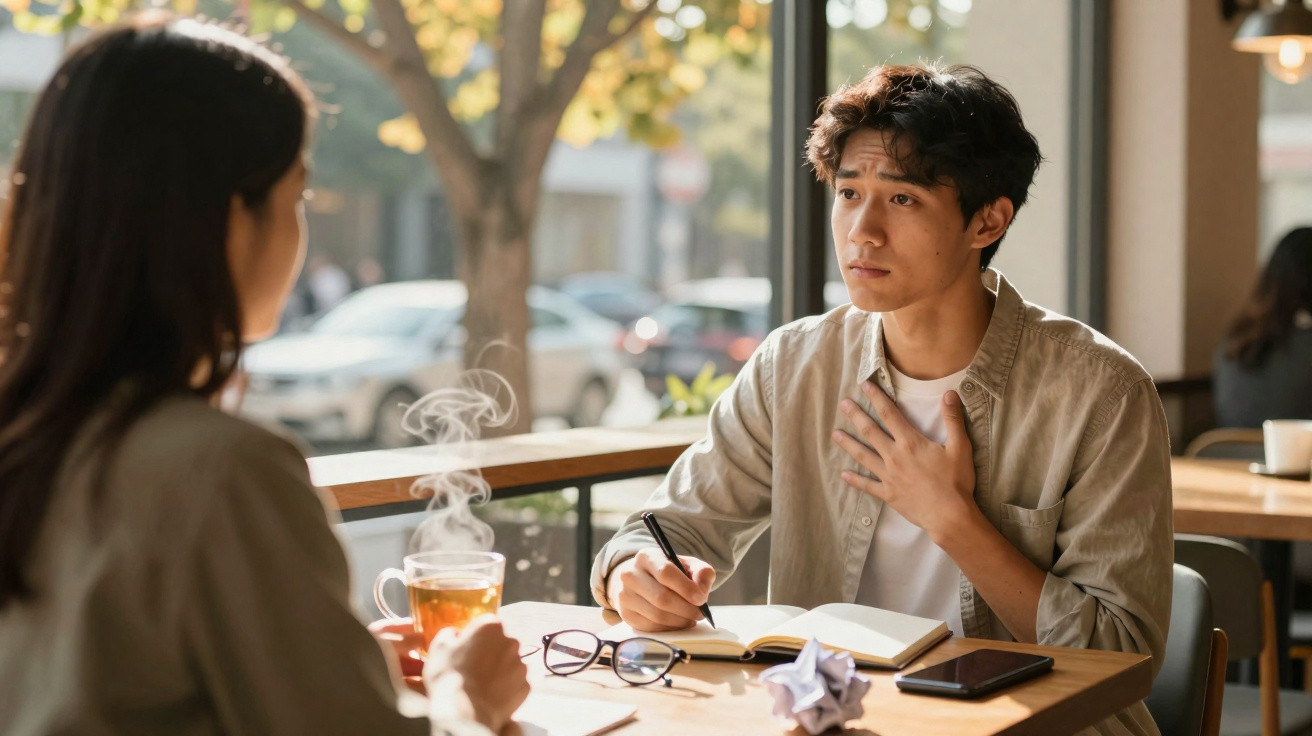 Dois jovens numa conversa séria numa cafetaria, um com expressão preocupada e o outro a ouvir.