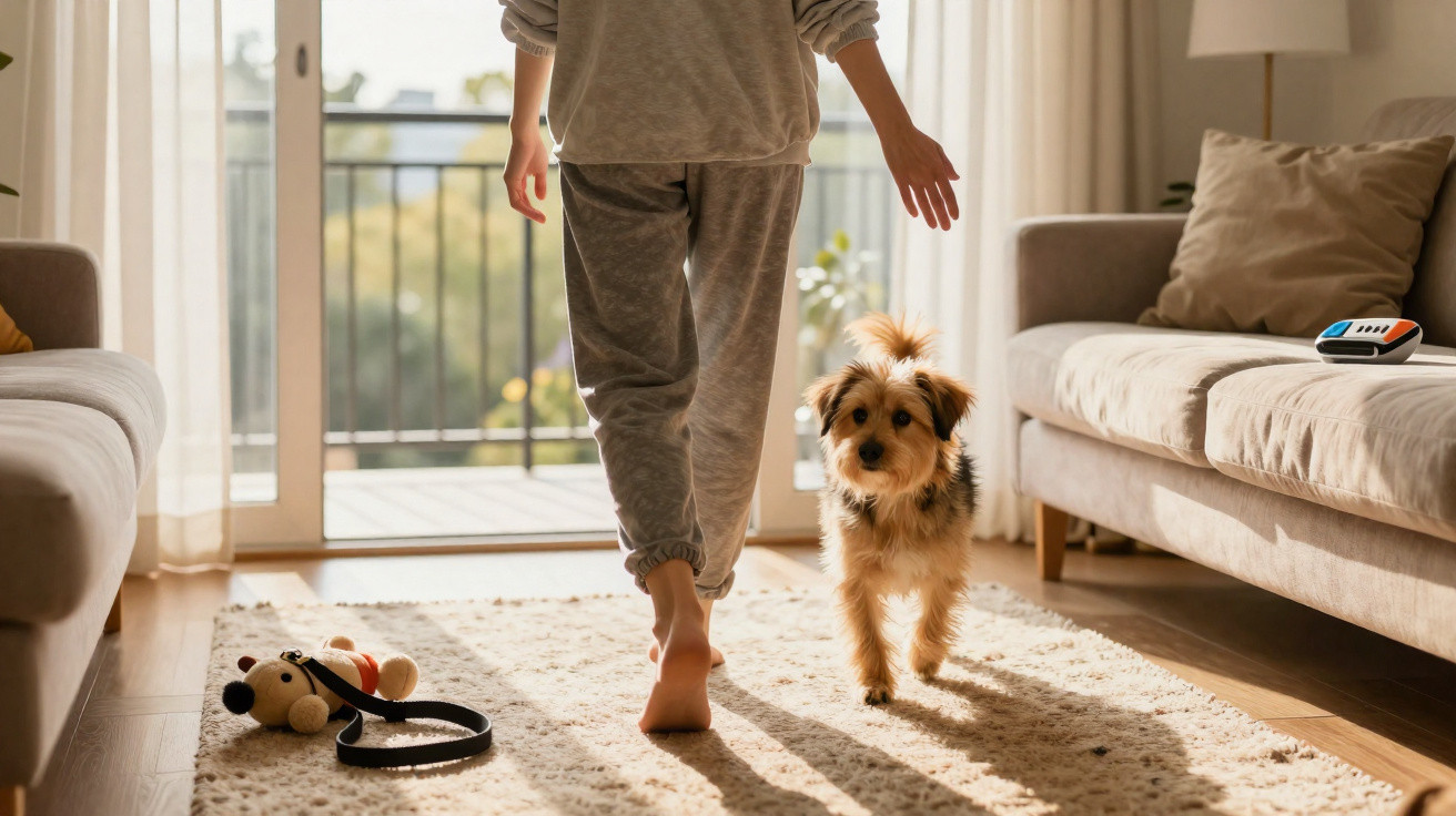 Pessoa de pijama caminha descalça numa sala com cão pequeno e brinquedo no tapete junto ao sofá.