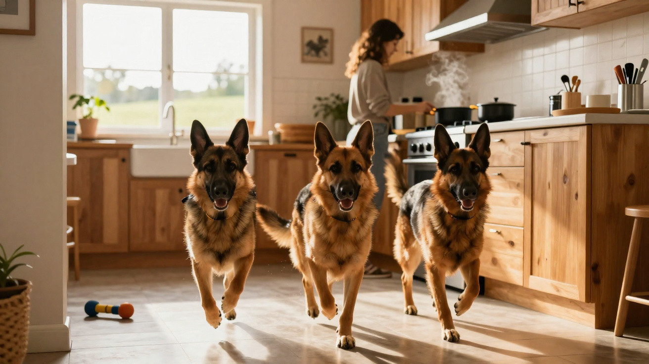 Três cães pastor-alemão a correr pela cozinha com pessoa a cozinhar ao fundo junto ao fogão.