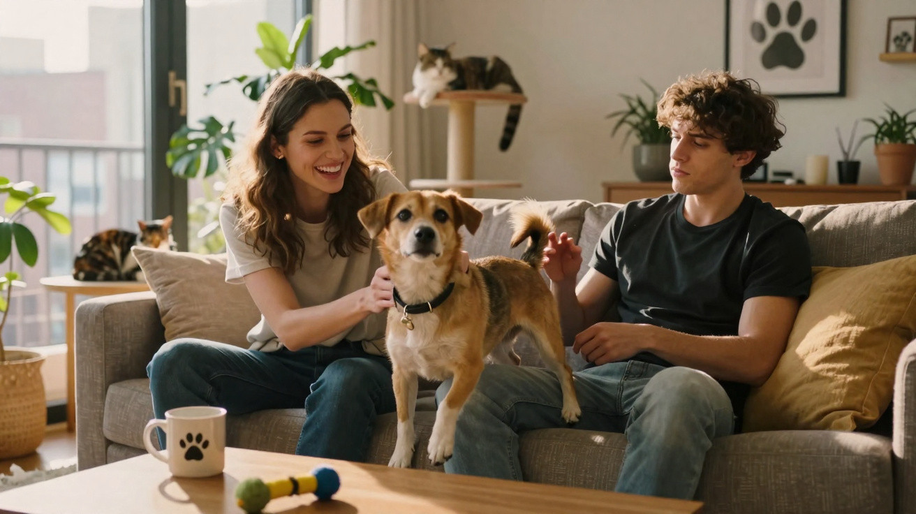 Casal sentado no sofá a brincar com um cão enquanto dois gatos estão no ambiente da sala.