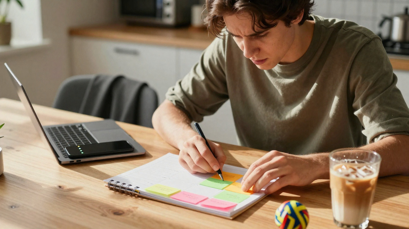 Jovem a escrever em caderno com notas coloridas, ao lado de portátil e bebida numa mesa de madeira.