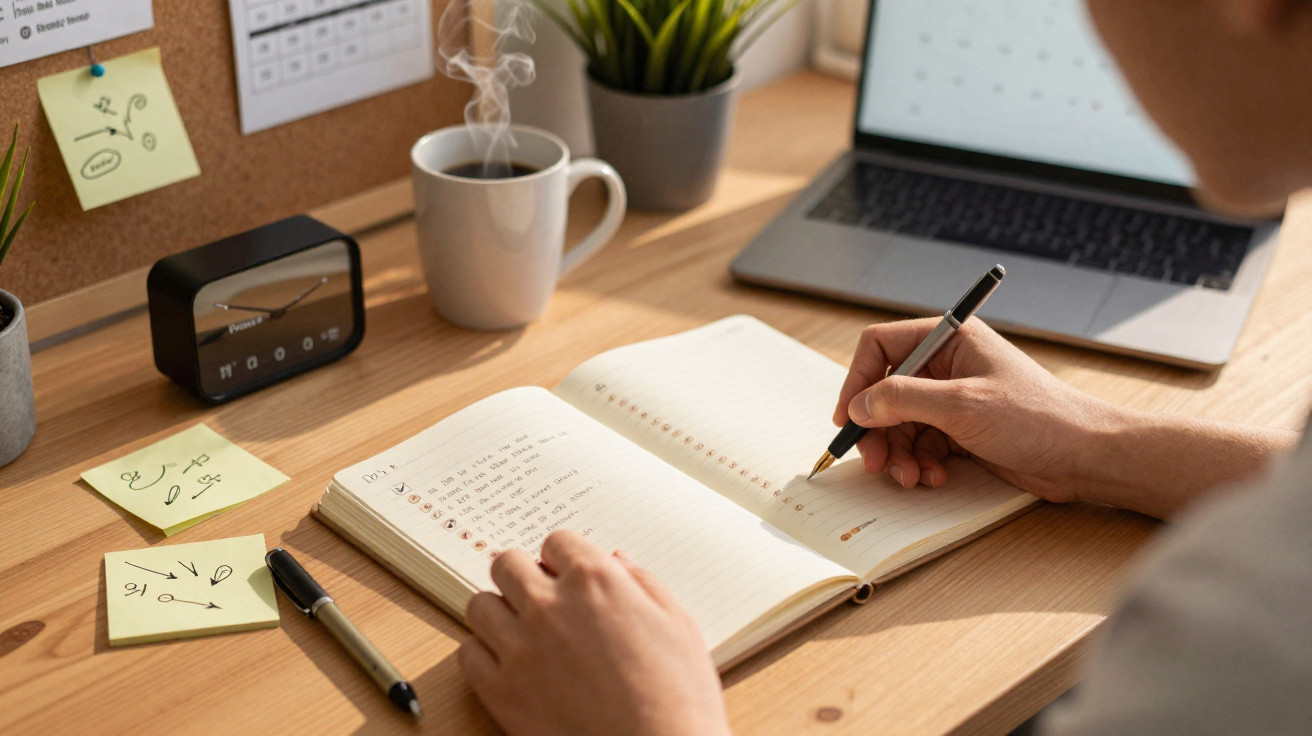 Pessoa a escrever num caderno numa secretária com computador, canecas, notas adesivas e relógio digital.