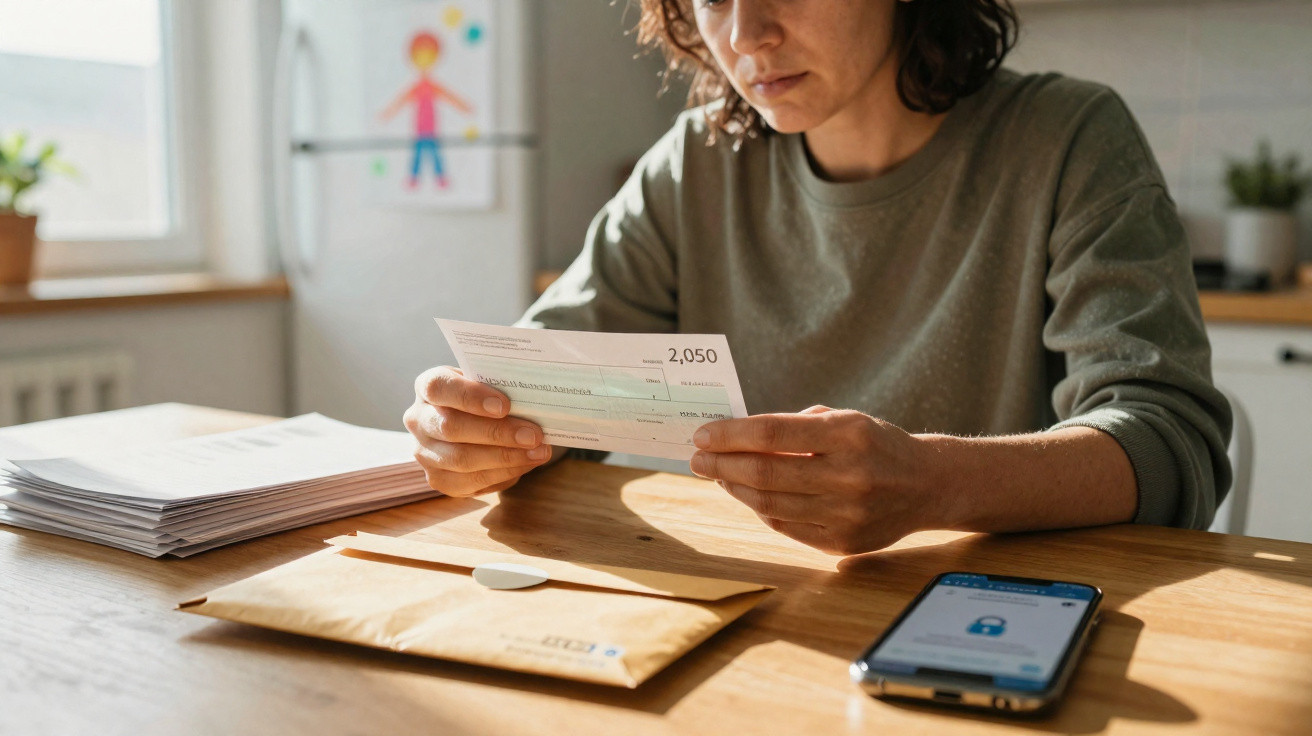 Mulher sentada numa mesa a analisar um documento financeiro, com telemóvel, envelope e pilha de papéis à frente.