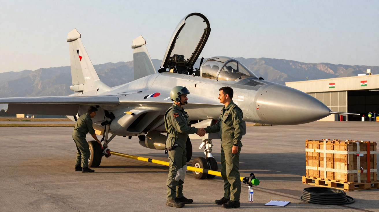Dois pilotos militares apertam as mãos junto a um caça estacionado numa pista de aeroporto com montanhas ao fundo.