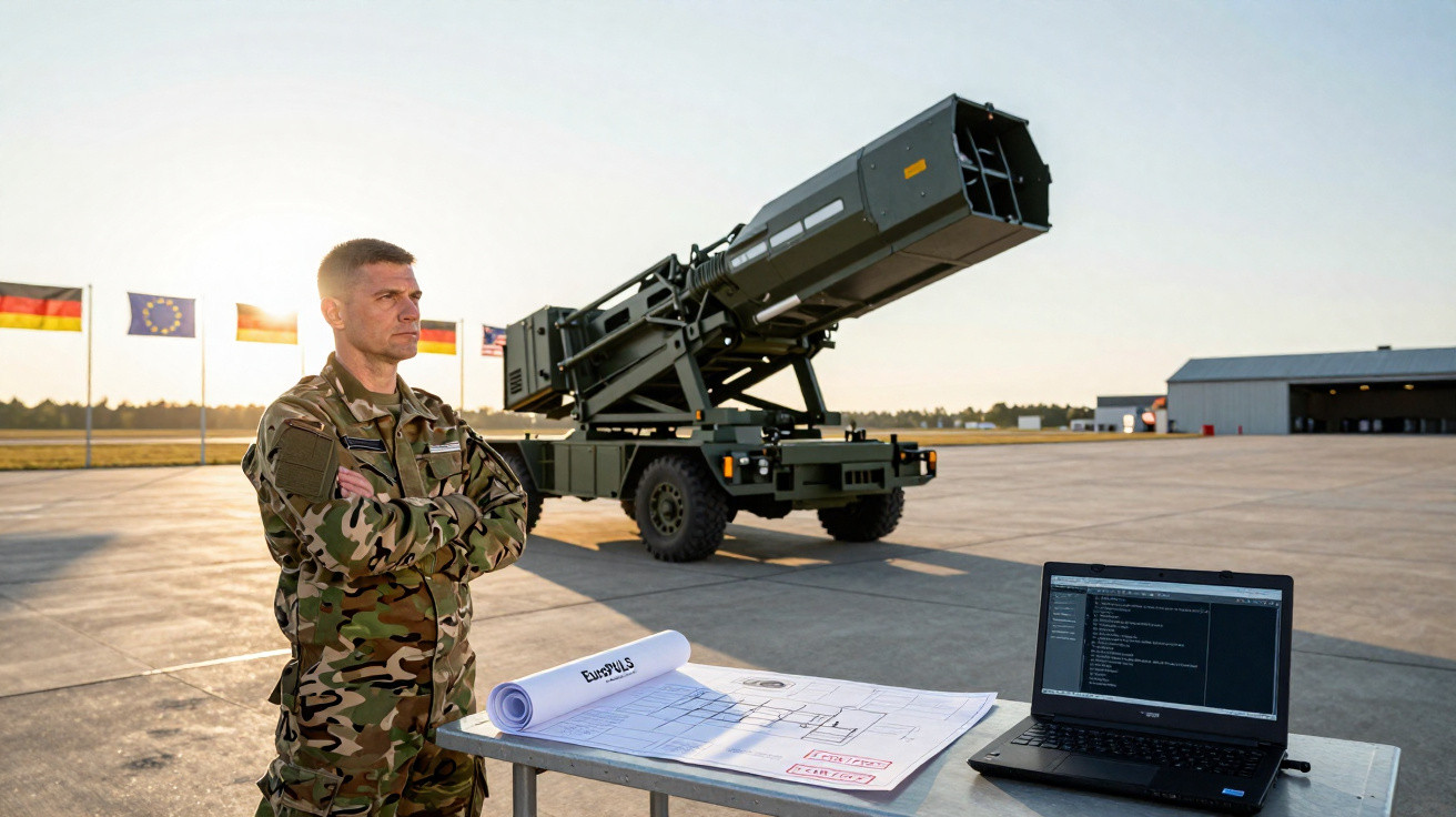 Militar em uniforme camuflado observa lançador de foguetes, com mapas e computador num cenário ao ar livre.