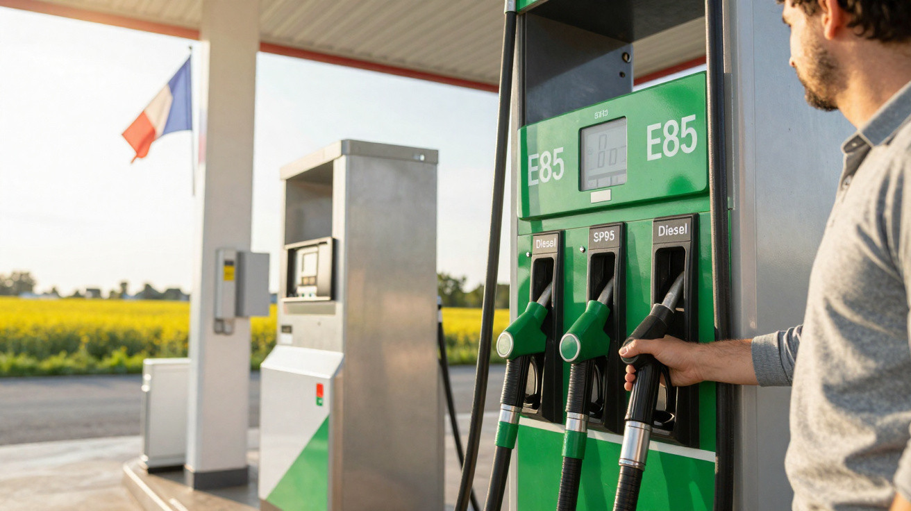Homem abastece carro com combustível diesel numa bomba numa estação de serviço na zona rural com bandeira francesa ao fundo.