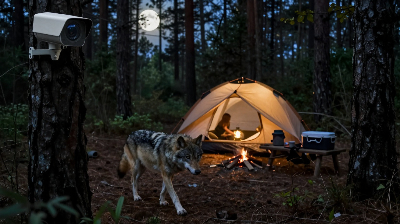 Câmara de vigilância numa floresta com um lobo perto de uma tenda iluminada onde está uma pessoa.