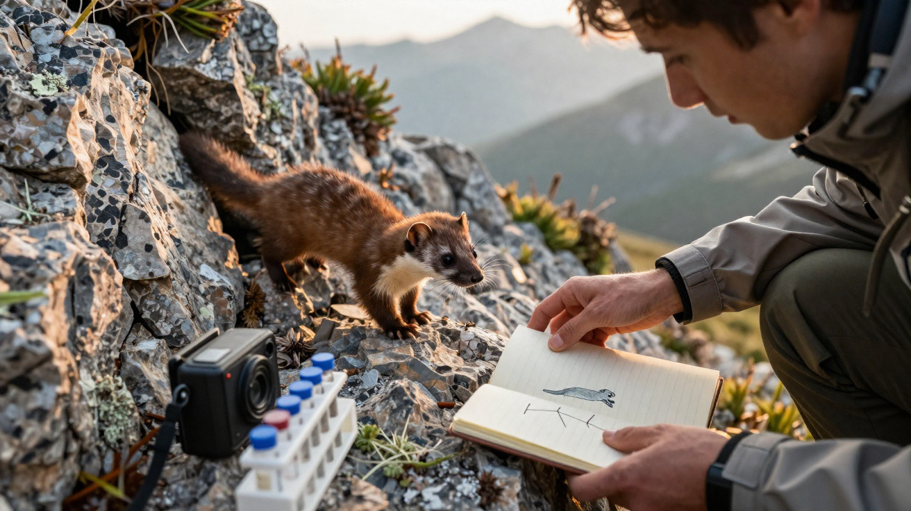 Homem com caderno desenha e observa um pequeno animal selvagem em rochas de montanha ao pôr do sol.