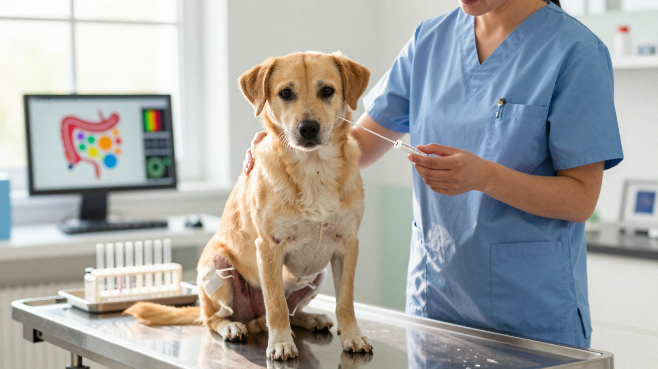 Cão sentado numa mesa de exame veterinário enquanto veterinária segura um tubo de amostra para teste.