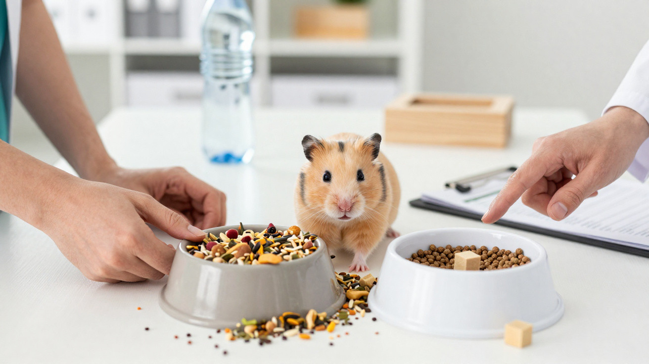 Hamster castanho entre duas taças com comida e mãos humanas a apontar e a segurar uma taça.
