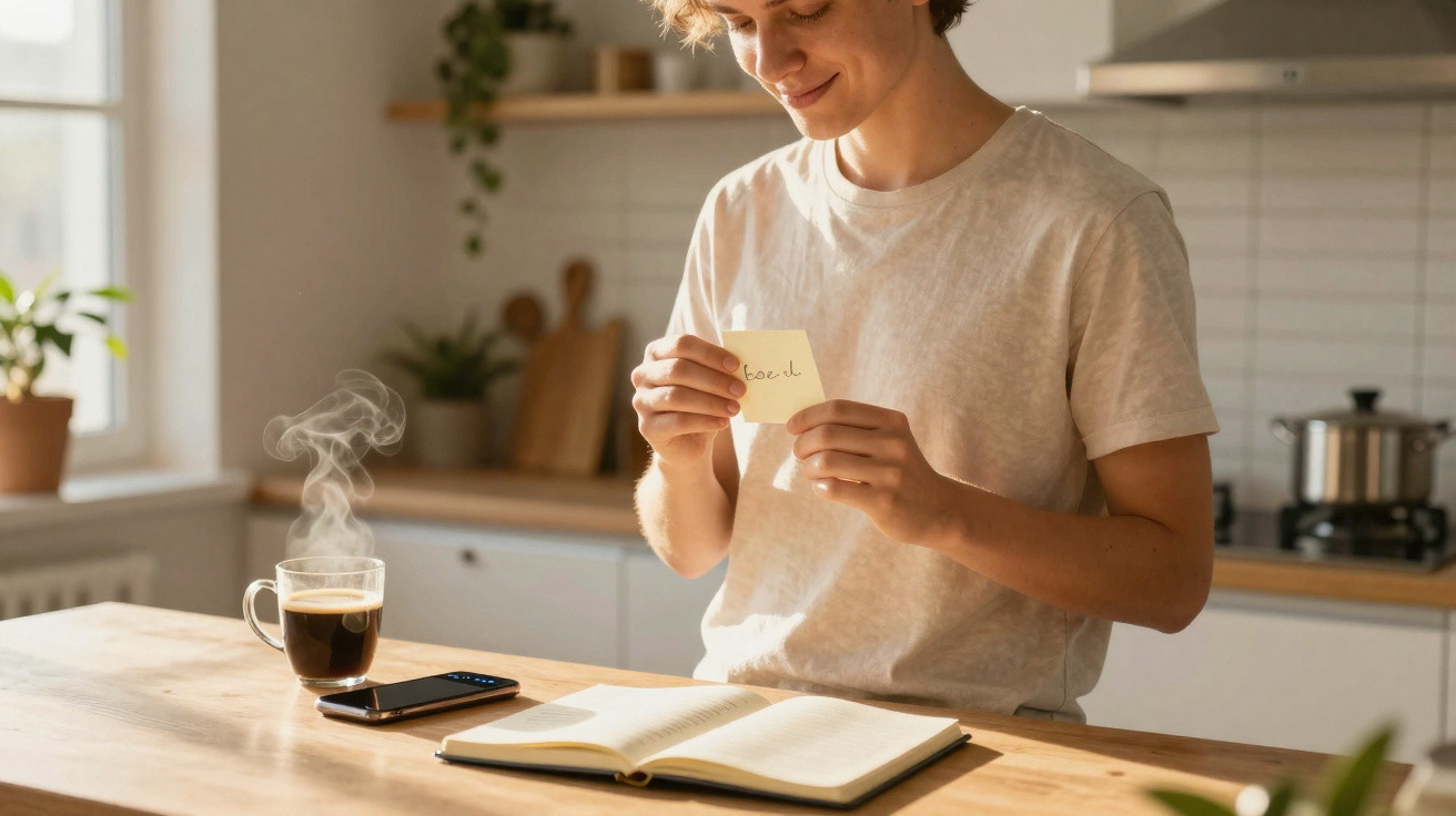 Pessoa jovem sentada numa cozinha a ler um bilhete, com caderno aberto, telemóvel e chá quente na mesa.