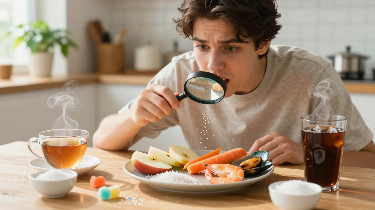 Jovem analisa comida no prato com lupa, rodeado de bebidas e açúcar na mesa de cozinha.