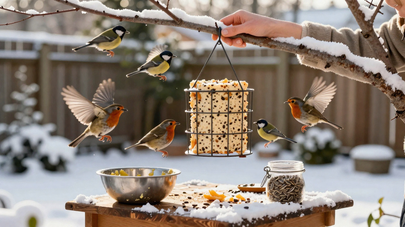 Pássaros a voar e a pousar numa árvore para comer alimento pendurado num comedouro no inverno.