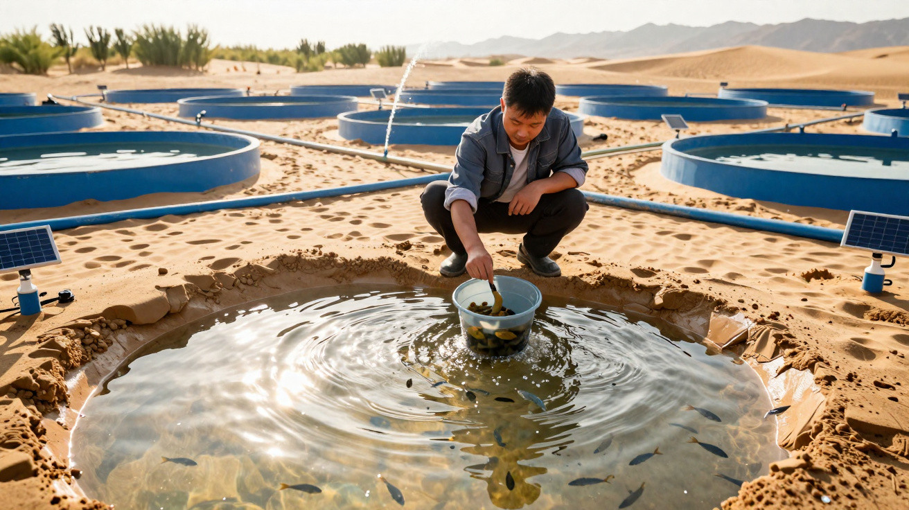 Homem alimenta peixes em piscina de aquicultura sustentável no deserto com painéis solares ao fundo.