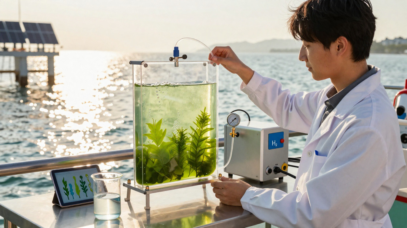 Cientista em laboratório externo com tanque de água contendo plantas aquáticas e equipamento para medir hidrogénio.