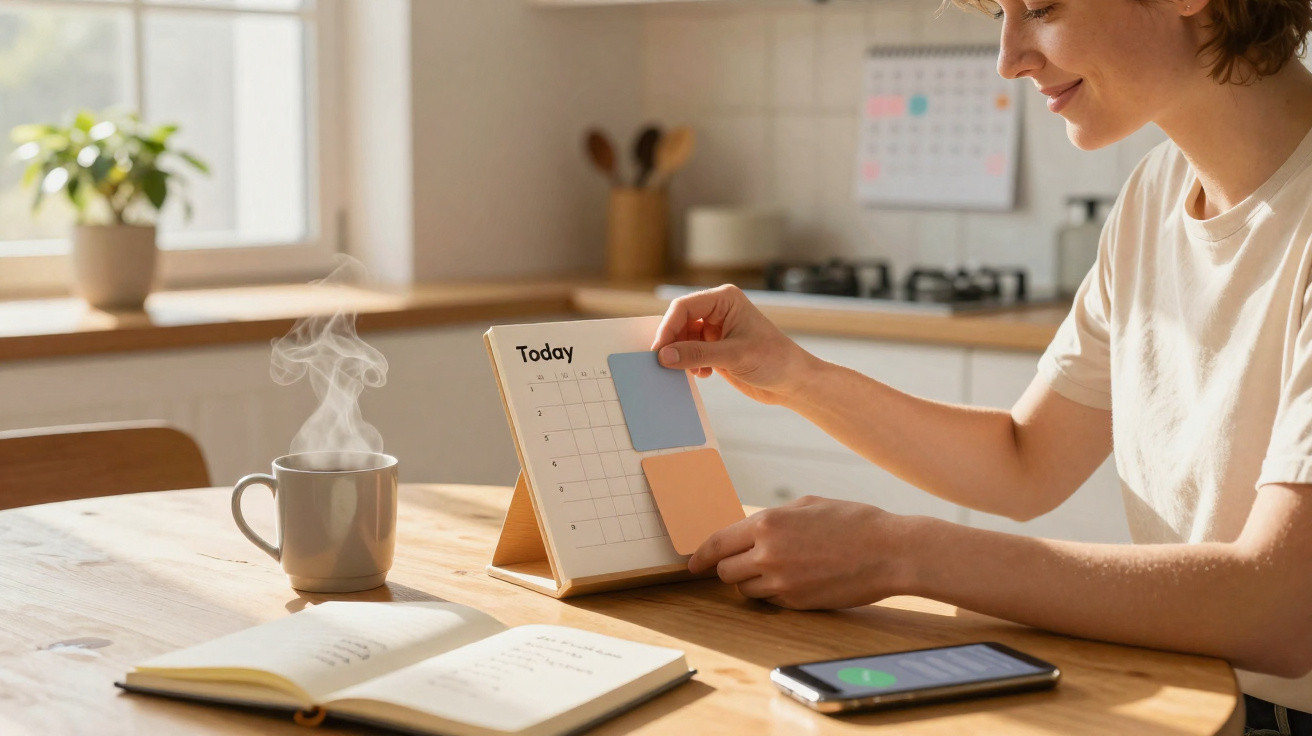 Pessoa a organizar notas adesivas num calendário de mesa numa cozinha iluminada, com chá e telemóvel por perto.