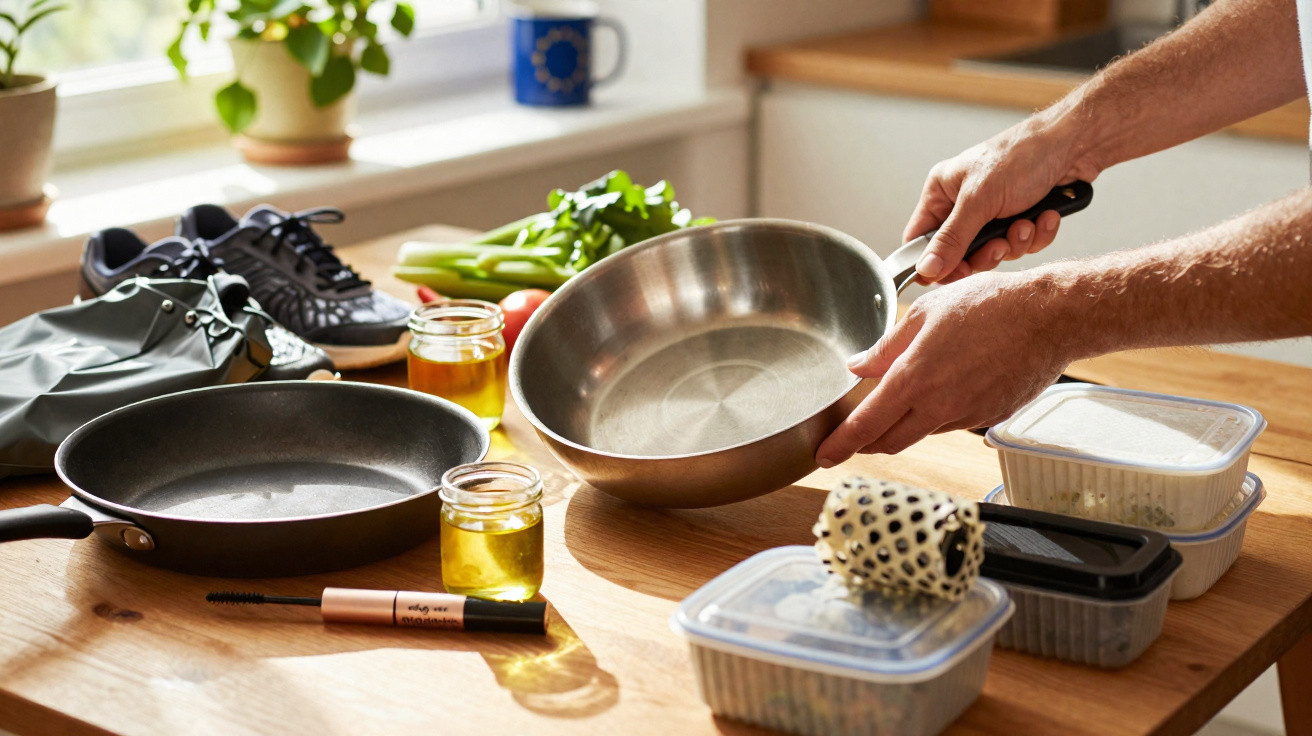 Mãos a segurar uma frigideira metálica numa cozinha com legumes, potes e outros objetos numa mesa de madeira.