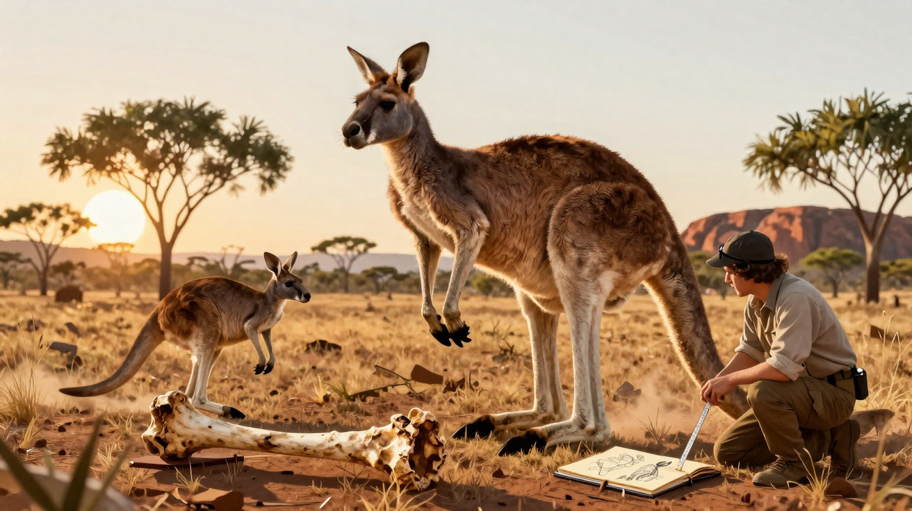 Homem sentado no deserto a desenhar cangurus grandes junto a ossos grandes ao pôr do sol.