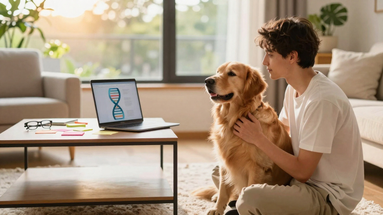 Jovem sentado no chão abraça cão golden retriever perto de mesa com portátil ligado na sala iluminada.