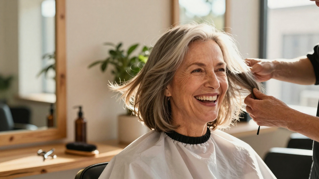Mulher sorridente a cortar cabelo num salão de cabeleireiro, ambiente iluminado naturalmente.