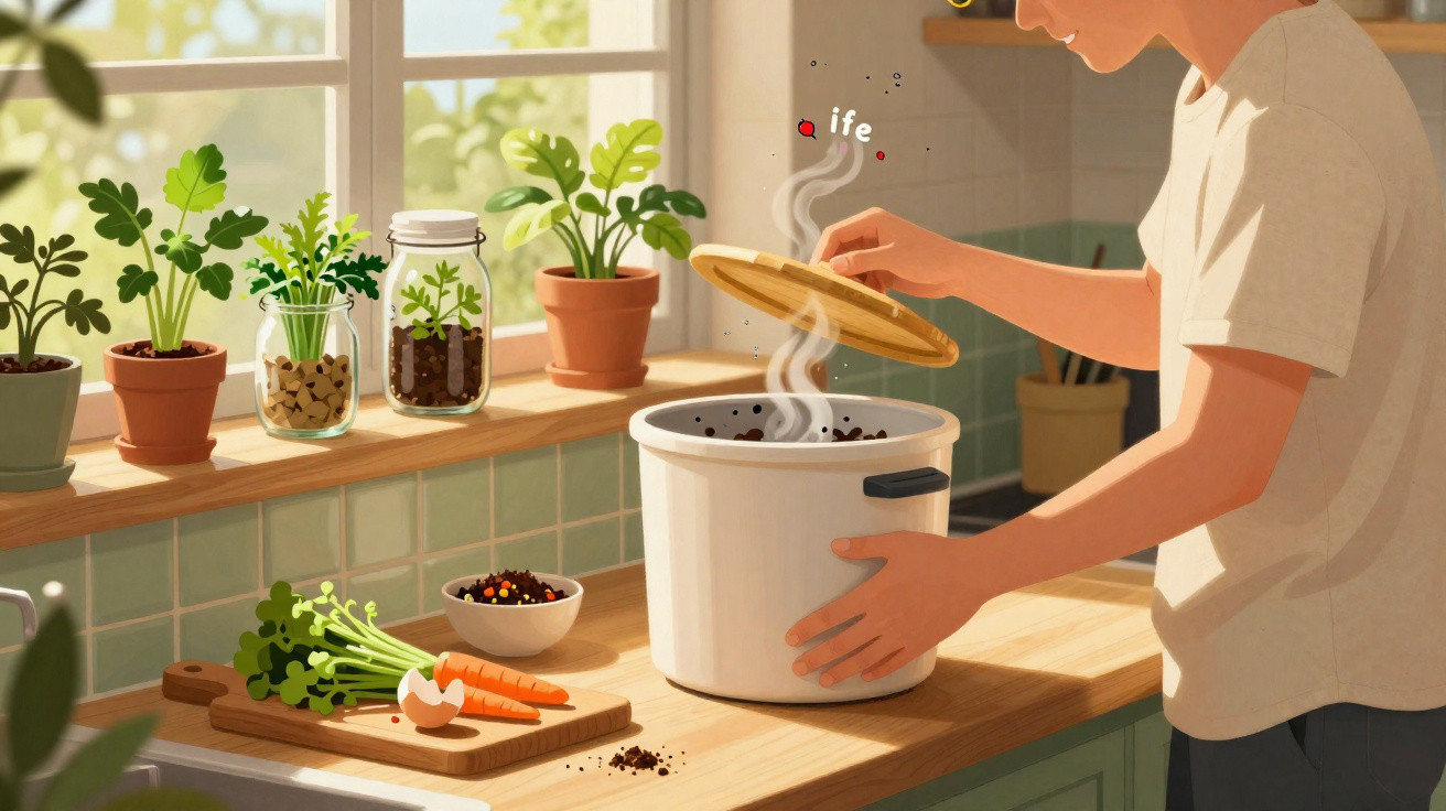 Pessoa a levantar a tampa de uma panela na cozinha, plantas em vasos na janela e legumes na bancada.