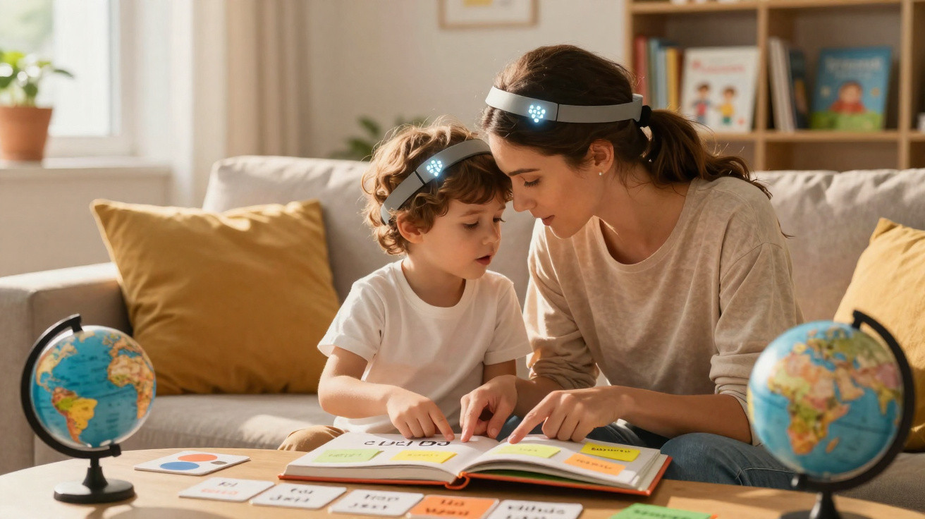Mãe e filho com headsets educativos a aprender inglês com livro e globos terrestres na sala.