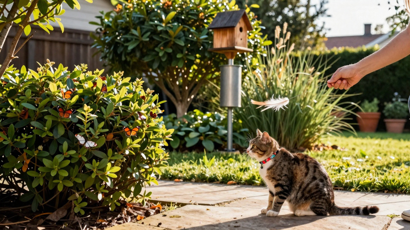 Gato sentado num jardim olha para penacho branco segurado por mão humana com arbusto e casinhas de pássaros ao fundo.